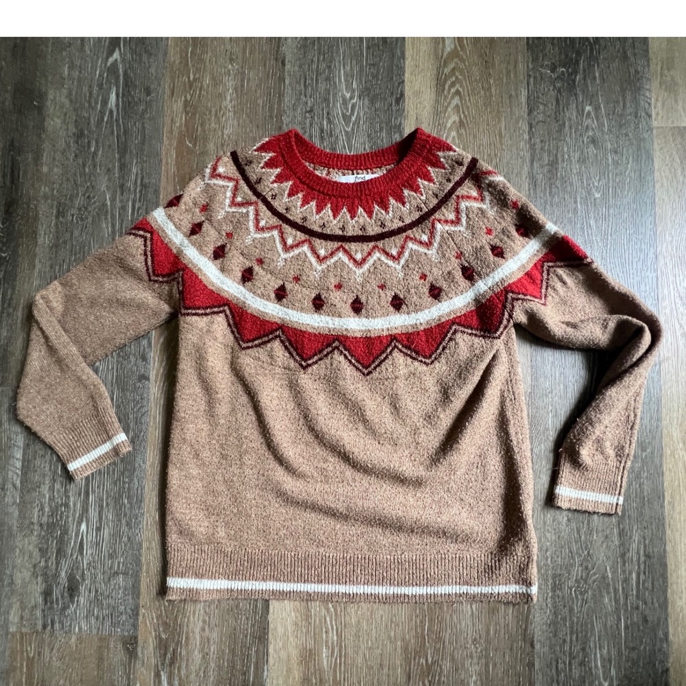Find Fair Isle‎ Knit Pullover Sweater Womens Small Tan Red Nordic Geometric